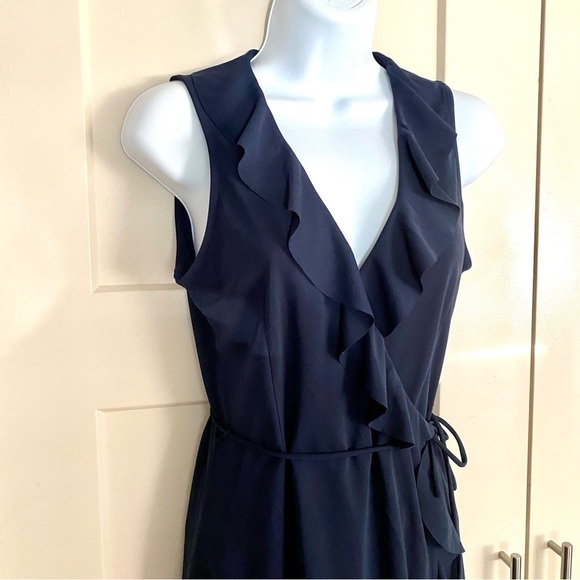J. Crew Navy Blue Sleeveless Ruffle Wrap Dress XS Summer Officecore Romantic - Picture 3 of 13